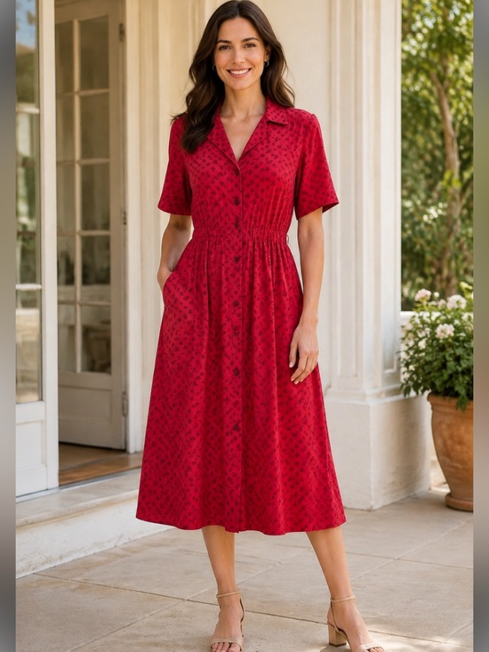 Vintage Liz Claiborne Petite Fuchsia Paisley Button-Front Midi Dress Medium